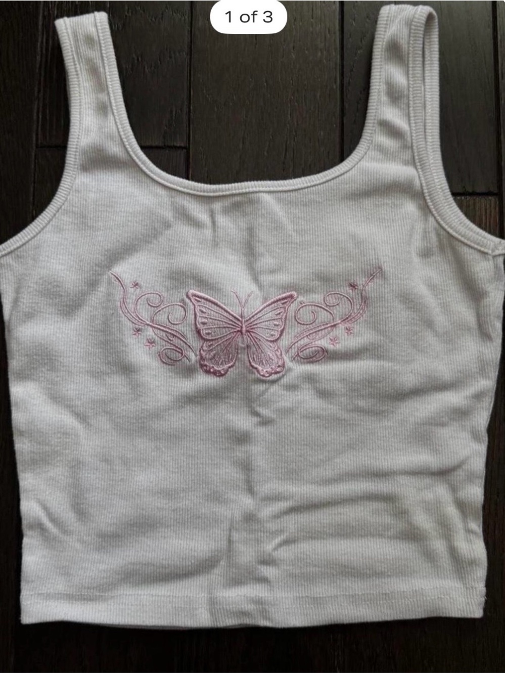 White Ribbed Tank Top with Pink Butterfly Embroidery